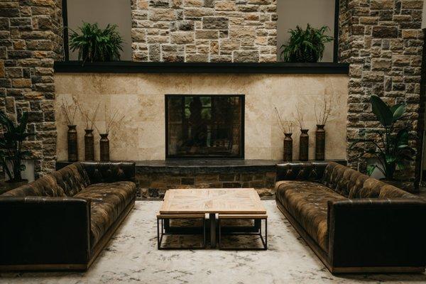 A view of the fireplace in the TLCC lobby.