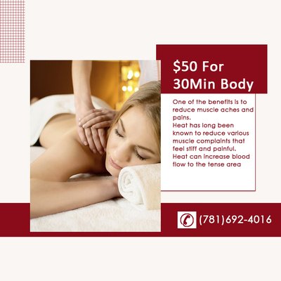 Only $50 for 30Min Body Massage _ Call (781)692-4016