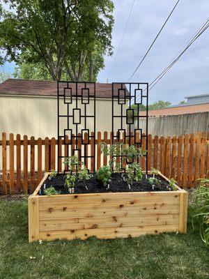 fully installed with plants, trellises and custom cedar bed