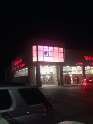 The exterior of Walgreens that is open 24/7!