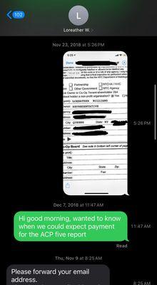 Screenshot of a conversation with the client in 2018 showing that we did not collect payment till they collected and verified the form