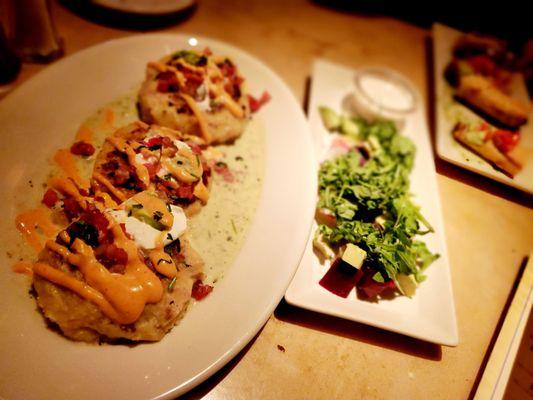 Sweet corn tamales, beet and Avocado salad and chicken taquitos