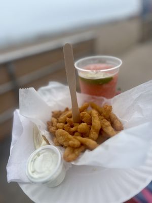 Fried clams ($10ish) and Watermelon margarita ($18ish)- very tasty clams and marg with no buzz... :-(