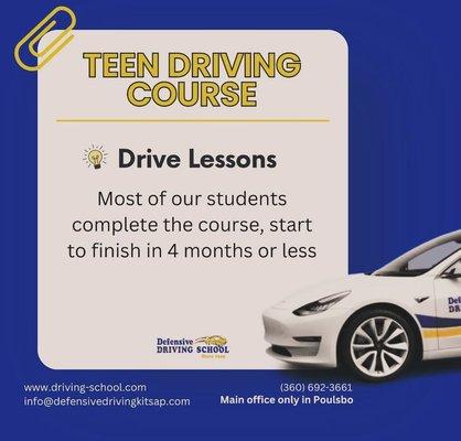 Our Teen Students complete all of the teen course requirements in less than 4 months. Check out our website for our class schedule.