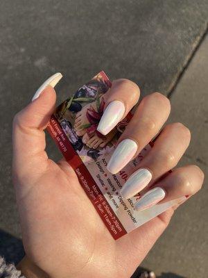 Shellac manicure with duo chrome powder. 1st fill in.