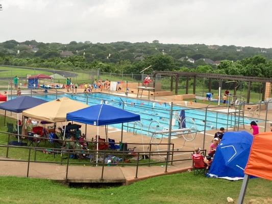 View on a City of Austin swim meet morning. 6 lanes for 25 meter laps.