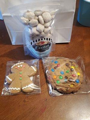 Gingerbread man, M&M drop cookie and white stuff!!