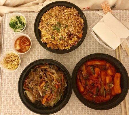 Kimchi Fried Rice with Pork, Jap Chae with Beef and Dukbokki