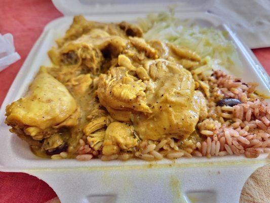 Curry Chicken, Rice and Peas, Cabbage