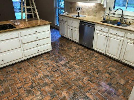 Porcelain Brick Pavers installed in a kitchen.