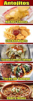 Nachos. Chicken nugget. Shrimp tostada. Trompo tacos. Charro beans