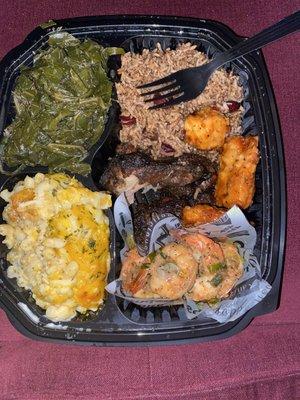 Sampler Jerk Wings  Garlic Butter Shrimp  Mac & Cheese Rice and Peas Salmon Bites Collard Greens