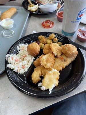 2 piece fish with 6 shrimp