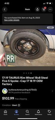 Photo of items on eBay, notice the listing title mentions wheel,rim, and cap...