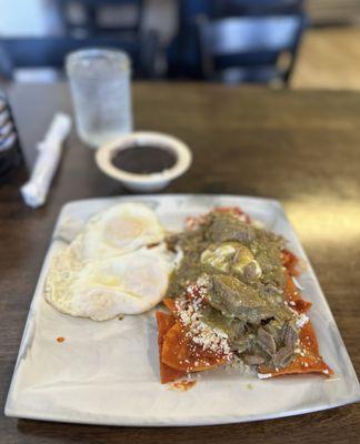 Chilaquiles rojos with chile verde meat