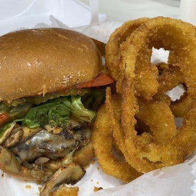 The New Orleans Burger and onion rings