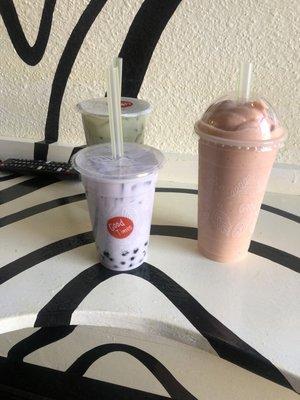 Matcha green milk tea with boba taro milk tea with boba  south pacific squeeze smoothie