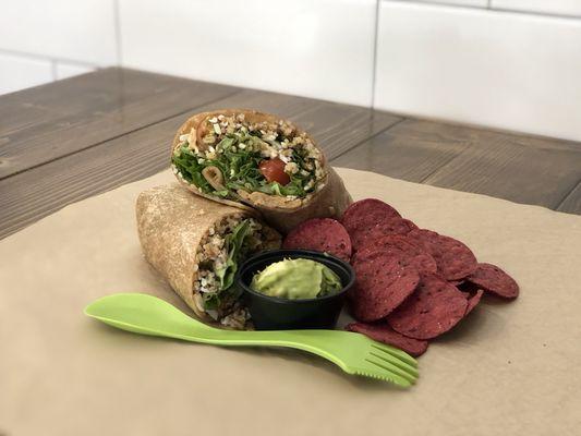 Leaning Tower Wrap and Beet Chips with Guacamole