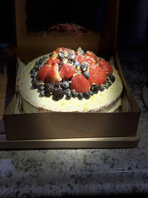 Dominican Cake with almond pastry cream filling topped with fresh berries. Now available.