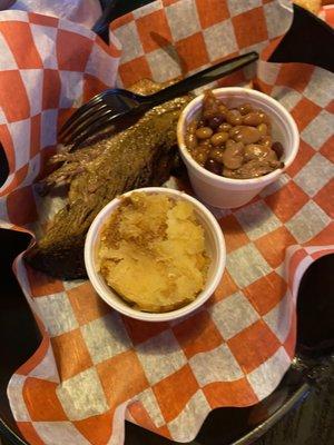 Brisket, baked beans, corn pudding