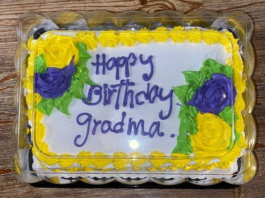 You can clearly see it says gradma and the roses are dark purple and in addition melted.