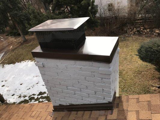 24-gauge mansard brown chimney cap and spark arrestor fabricated and installed by Calebs