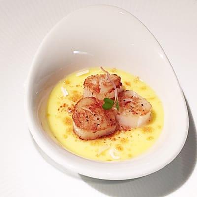 Savory creme brûlée with seared scallop