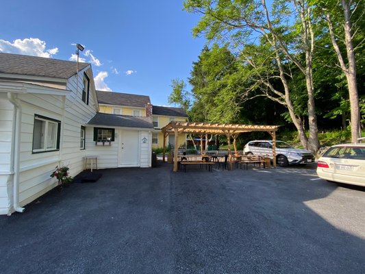 Outside seating and parking lot.