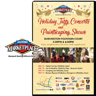 Holiday event flyer for shopping center Janss Marketplace.