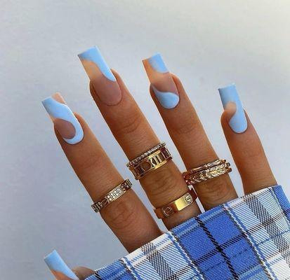 The New Wave! Short tapered square nude with baby blue polish cured for effect