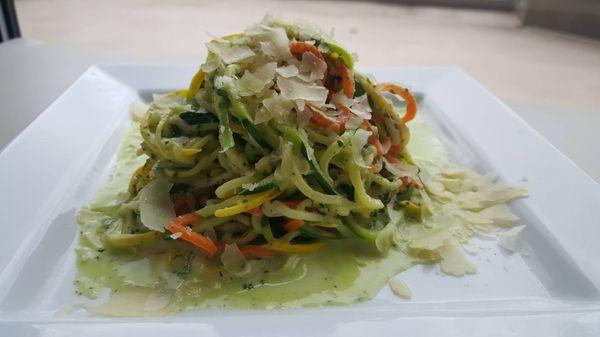 Zucchini Spaghetti w/Pesto Cream Sauce. Unbelieveable and satisfying lunch