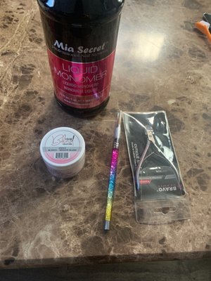 Mia Secret Monomer $52 Glam and Glits powder $13 #12 brush $12 Cuticle nipper $10