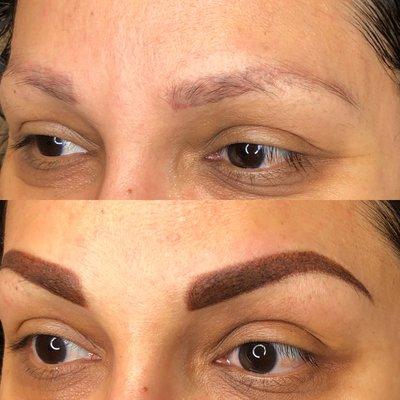 Before and after powder brow over old microblading