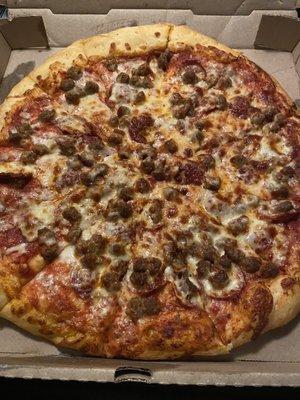 Large Pepperoni and sausage pizza