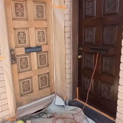 25yr old doors in old town Scottsdale.
Left. Fully sanded ready to stain..
Right.  Door finished the day before.