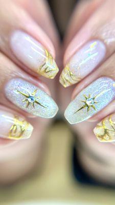 Coffin Structured Gel on Natural Nails w/chrome + simple art + rhinestones