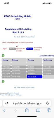 Screenshot of soonest time available to schedule a mandatory appointment with EEOC employee.