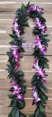 Maile style ti leave leis with purple orchid wrap