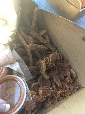 Overly fried, fried pickles and French fries. which was dry and distasteful.