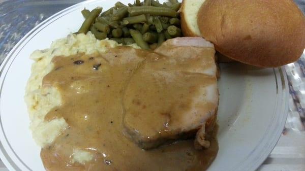 Our grilled pork loin with mashers and a Jim Beam mushroom gravy!