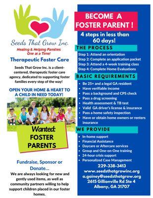 We are currently recruiting for full-time foster parents and temporary, crisis respite care parents. Call our office today to find out more!