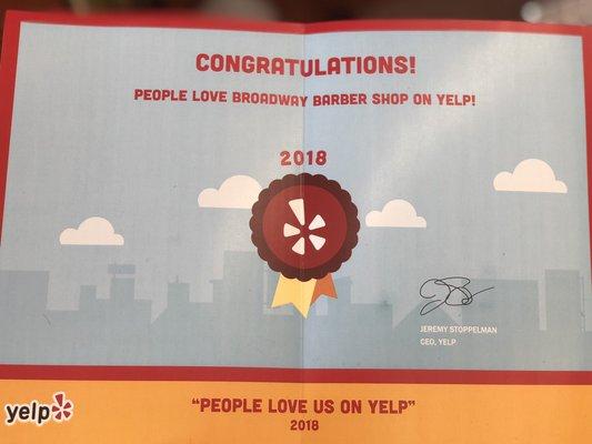 Yelp certificate!