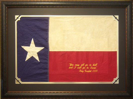 "Ghost of the Alamo" Aged Texas flag, embroidered Davy Crockett quote, and a "ghostly" Alamo image By Wiser Designs Custom Framing