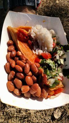 Chicken tamale with rice and beans from Molly's Tamales stand