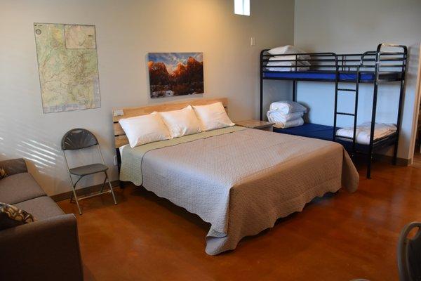 Each bunkhouse has a king size bed and a set of sturdy bunkbeds.