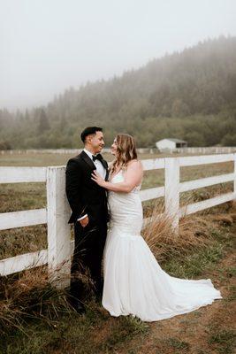 Bride and groom portrait at the Rein Fire Ranch Wedding venue in  Ravensdale, WA