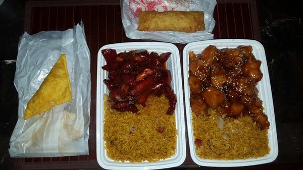 Sesame chicken combo, Boneless spare rib combo,  and crab ragoons