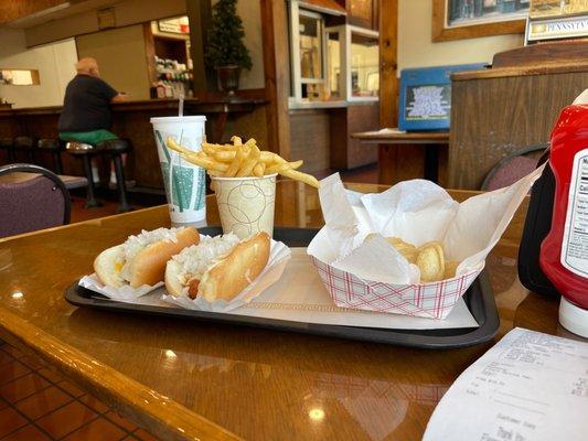 Cheese Coney Dogs, small fry and double order of pierogies.