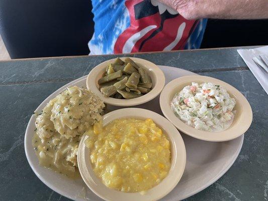 Chicken and Dressing, green beans, corn and Cole slaw