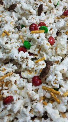 Candied Chocolate - sweet  white hull less popcorn with candied chocolates and pretzels